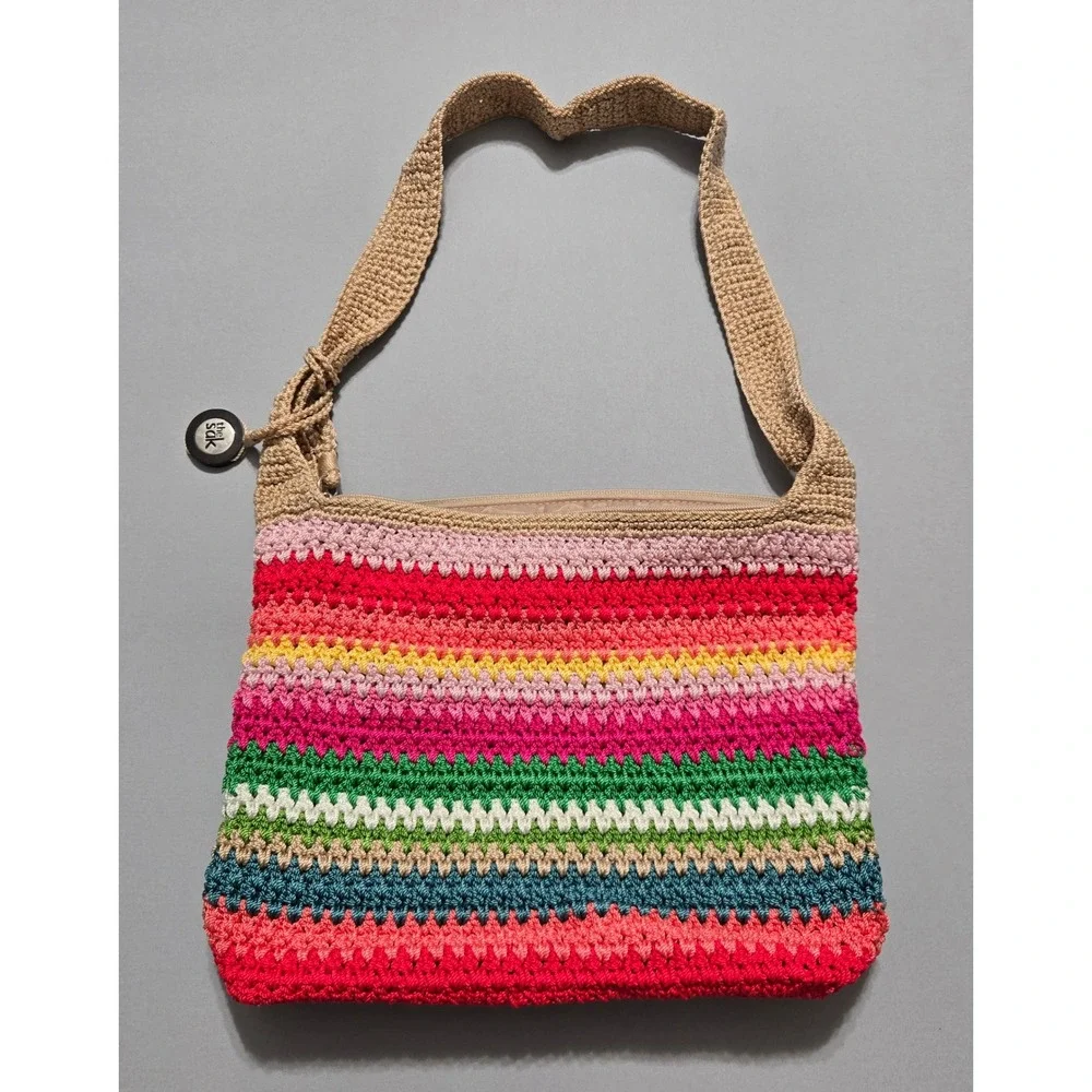 The Sak Crochet Shoulder Bag Multicolor Rainbow Striped Purse Zips Knit